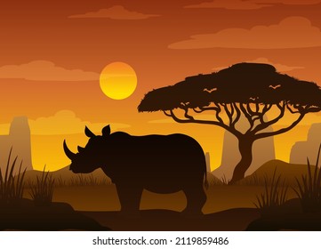 Rhinoceros silhouette at savanna forest illustration