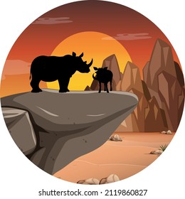 Rhinoceros silhouette in savanna forest illustration