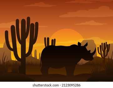 Rhinoceros silhouette at savanna forest illustration