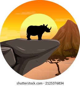 Rhinoceros silhouette in savanna forest illustration
