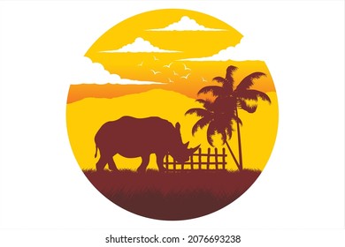 Rhinoceros. Silhouette of sunset in safari landscape