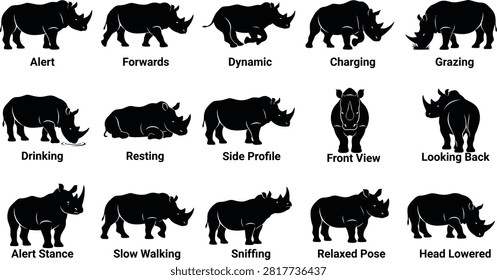 Rhinoceros silhouette vector collection featuring realistic poses including alert, walking, charging, grazing, drinking, resting, standing, side profile, front view, sniffing, and relaxed positions. Clean black wildlife silhouettes isolated on a white background. Ideal for safari, conservation, educational materials, logos, decals, laser cutting, CNC, engraving, stickers, apparel, print, and craft projects. Editable vector illustration.
