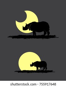 Rhinoceros Silhouettes in Moon Light Vector