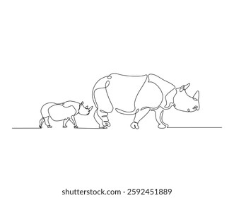 Rhinoceros simple line art illustration. Continuous one line draw of wild rhino animal.