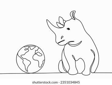 The rhinoceros sits on the ground. Next to him is the planet Earth. World Rhino Day. One line drawing for different uses. Vector illustration.