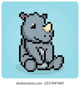 Rhinoceros sitting in 8 bit pixel art. Animals Pixel in vector illustration for cross-stitching and game assets.