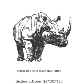 Rhinoceros sketch. Rhinoceros illustration. Vintage rhinoceros hand drawn illustration