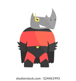Rhinoceros Smiling Animal Dressed As Superhero With A Cape Comic Masked Vigilante Geometric Character