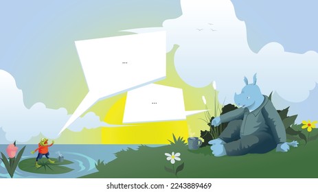 rhinoceros sondaicus (the javan rhino) and Ansonia latidisca (the frog) chatting by the river bank. You can fill in the blank chatting box with your own words