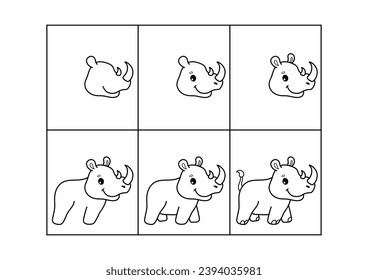 Rhinoceros. Step by step drawing. Coloring page, coloring book page. Black and white vector illustration.