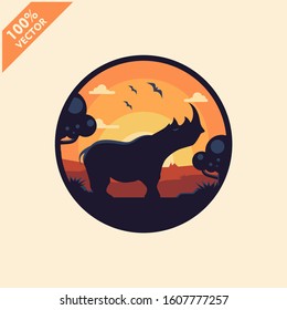 Rhinoceros with sunset background safari zoo logo vector