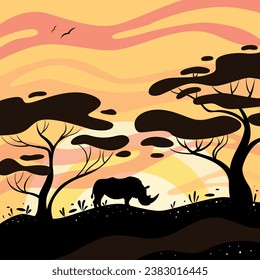rhinoceros at sunset, silhouette of a rhinoceros on the background of sunset in the savannah, africa landscape, world of wildlife 