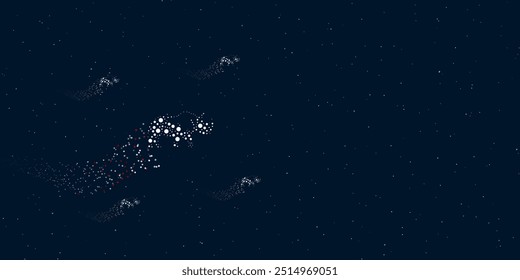 A rhinoceros symbol filled with dots flies through the stars leaving a trail behind. There are four small symbols around. Vector illustration on dark blue background with stars