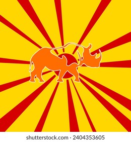 Rhinoceros symbol on a background of red flash explosion radial lines. The large orange symbol is located in the center of the sun, symbolizing the sunrise. Vector illustration on yellow background