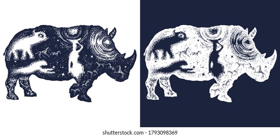 Rhinoceros tattoo art. Symbol Africa, savannah, travel. Rhino double exposure t-shirt design. Black and white vector graphics 