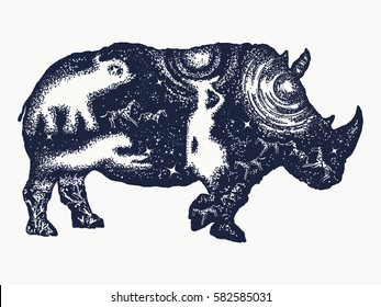 Rhinoceros tattoo art. Symbol Africa, savannah, travel. Rhino double exposure t-shirt design 