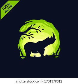 Rhinoceros with tree and sky background safari zoo logo vector	
