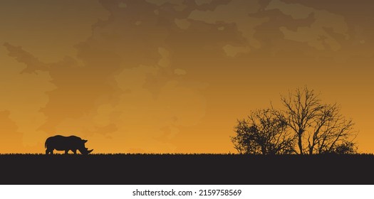 Rhinoceros in the wild against the background of clouds, sky and grass, animal and tree vector illustration, can be used for wallpaper and poster