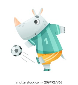 Rhinoceros wild animal playing soccer. Cute football mascot in sports uniform with ball cartoon vector illustration