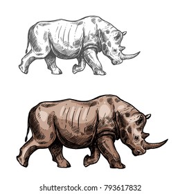 Rhinoceros wild animal sketch vector icon side view. Wild rhino mammal species for wildlife fauna and zoology or hunting sport team trophy symbol and nature zoo adventure club design