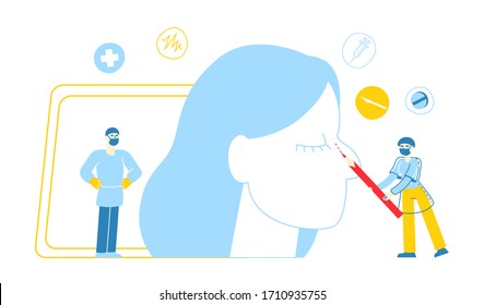 Rhinoplasty Concept. Doctor Surgeon Character Examining Patient Nose before Surgery, Drawing Red Dotted Line with Marker on Woman Face. Medical Aid, Healthcare, Cosmetology. Linear Vector Illustration