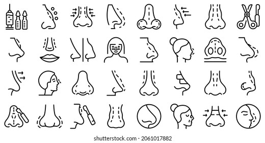 Rhinoplasty icons set outline vector. Human nose. Closed adjustment