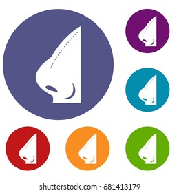 Rhinoplasty of nose icons set in flat circle red, blue and green color for web