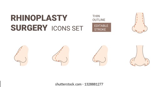Rhinoplasy Plastic Surgery Icons Set with Editable Stroke. Beautiful Female Nose Line Icons. Flat Nose Beauty Icons Set.