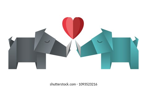 rhinos couple origami paper with heart