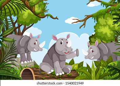 Rhinos in jungle scene illustration