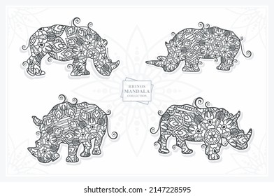 Rhinos Mandala with Flower. Vector, Line Art
