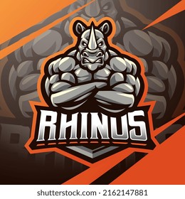 Rhinos muscle esport mascot logo design