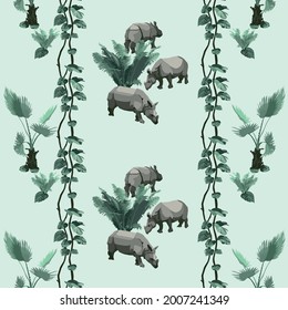 Rhinos, palm tree, tropical liana seamless pattern. Exotic safari, jungle. Wallpaper.