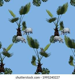 Rhinos, parrot, fan palm seamless pattern. Exotic jungle, safari. Wallpaper.