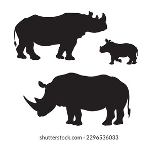 Rhinos. Silhouette of rhinos and baby rhinoceros. Animal Family. Isolated. Vector illustration