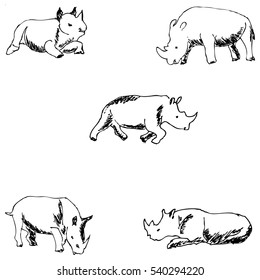 Rhinos. A sketch by hand. Pencil drawing