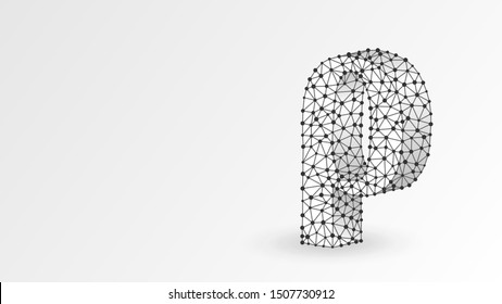 Rho, the letter of a Greek alphabet. Greek numerals, mathematical one hundred number concept. Abstract, digital, wireframe, low poly mesh, vector white origami 3d illustration. Triangle, line, dot