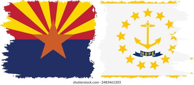 Rhode Island and Arizona states grunge brush flags connection, vector