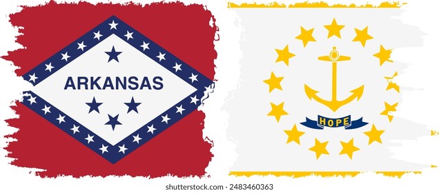 Rhode Island and Arkansas states grunge brush flags connection, vector