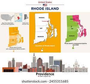 Rhode Island counties map and congressional districts since 2023 map. Providence skyline (state's capital and most populous city). Vector set