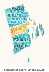 Rhode Island counties word cloud. State logo design. Counties typography style vector image. Rhode Island colored text cloud. Artistic vector illustration.