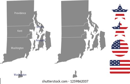 Rhode Island county map vector outline in gray background. Rhode Island state of USA map with counties names labeled and United States flag icon vector illustration designs