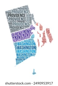 In: Rhode Island County Word Cloud. In: State Shape Design. Farbige Darstellung von Rhode Island. In: County names collage cloud. Vektorillustration.