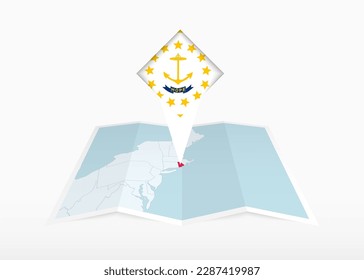 Rhode Island wird auf einer gefalteten Papierkarte und einem eingepanzerten Ortsmarkierungszeichen mit der Flagge von Rhode Island dargestellt. Gefalte Vektorkarte.