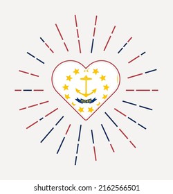 Rhode Island heart with flag of the us state. Sunburst around Rhode Island heart sign. Vector illustration.
