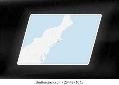 Rhode Island Highlighted in Flag Colors on Geographic Map. Modern Map on a dark abstract backdrop.