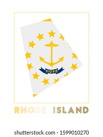 Rhode Island logo. Map of Rhode Island with the state name and flag. Radiant vector illustration.