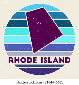 Rhode Island logo. Sign with the map of US state and colored stripes, vector illustration. Can be used as insignia, logotype, label, sticker or badge of Rhode Island.