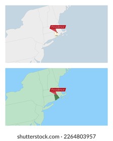 Rhode Island map with pin of country capital. Two types of Rhode Island map with neighboring countries. Vector template.