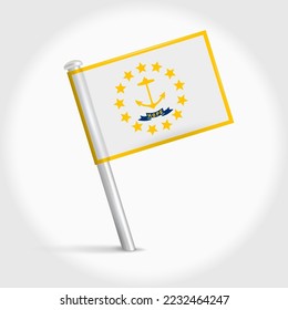 Rhode Island map pin flag icon. Pennant map marker on a metal needle. 3D realistic vector illustration.